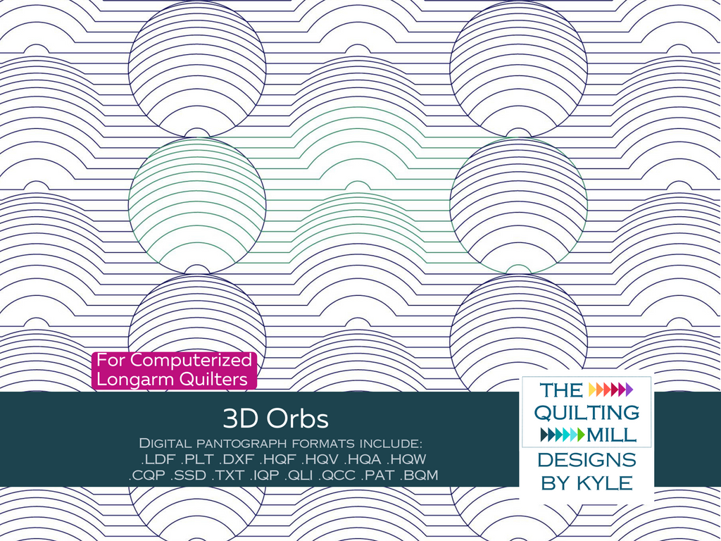 3D Orbs geometric quilting pantograph product image showing bold layered concentric circles creating a dimensional optical illusion for contemporary longarm quilting