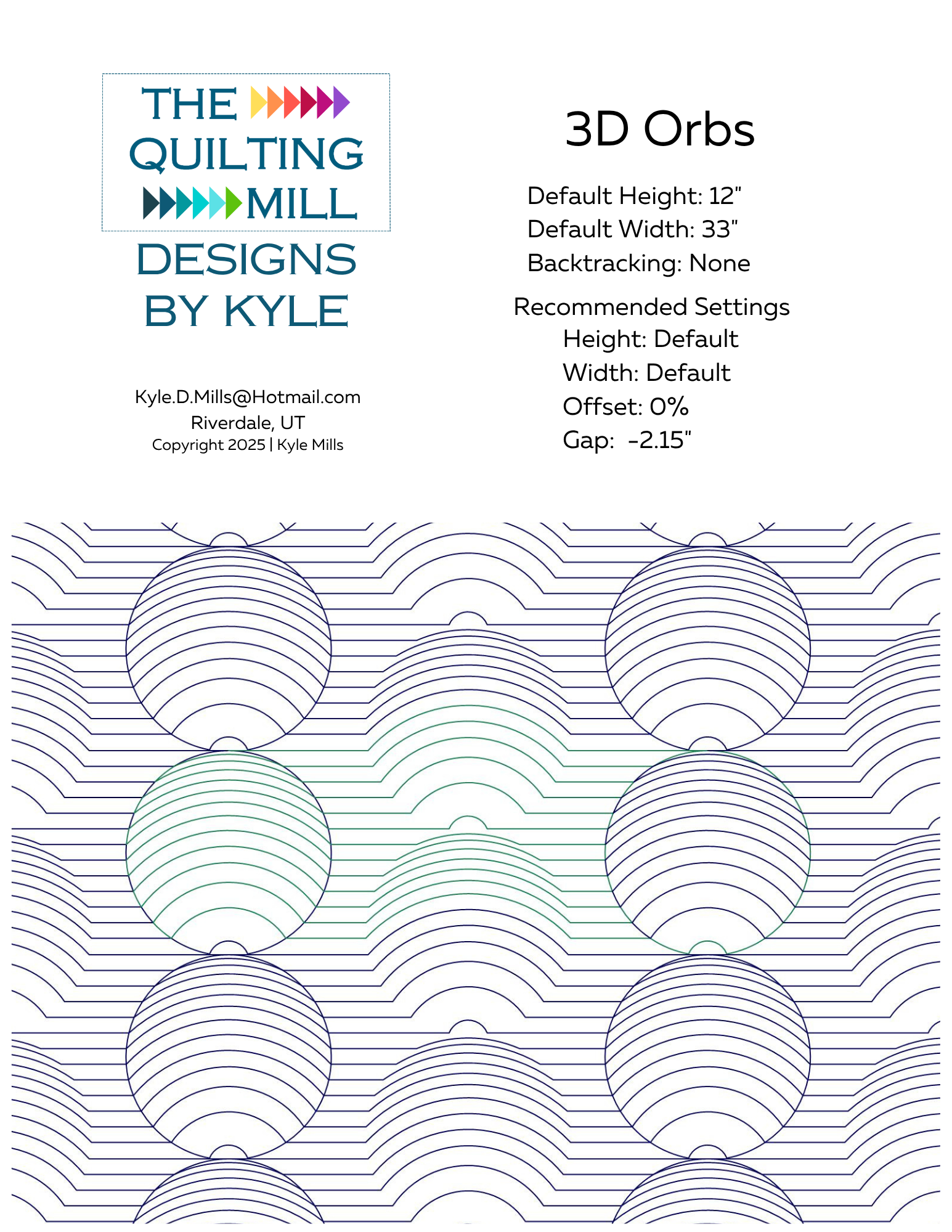 3D Orbs geometric quilting pantograph info sheet with file formats and specifications for digital pantographs and longarm quilting machines