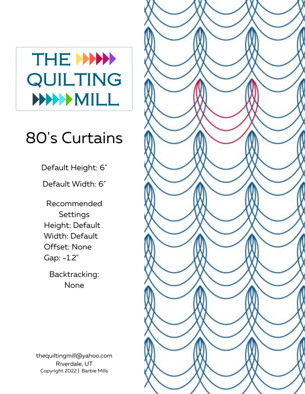 80's Curtains retro curtain quilting pantograph info sheet with file formats and specifications for digital pantographs and longarm quilting machines