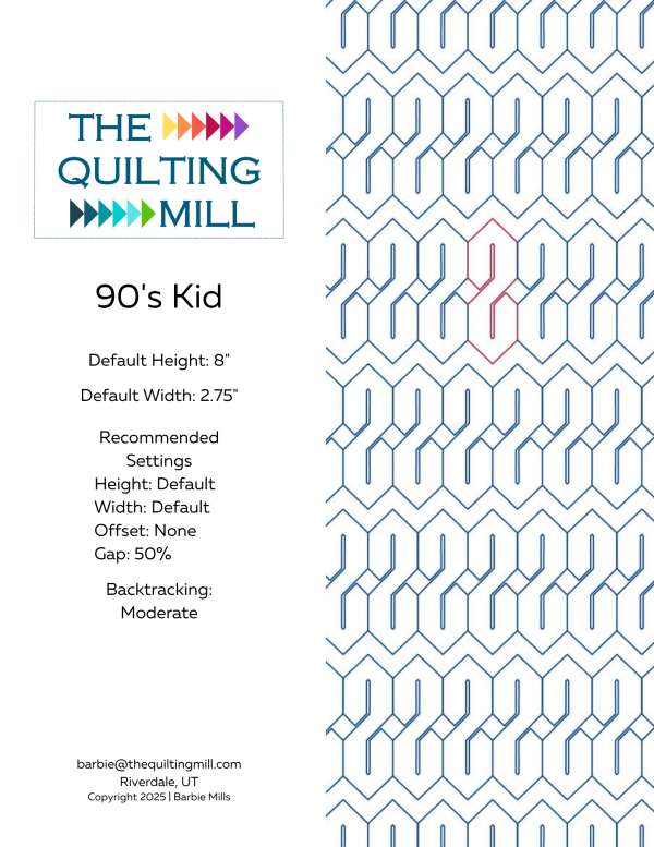 90's Kid retro geometric pantograph info sheet with file formats and specifications for digital pantographs and longarm quilting machines