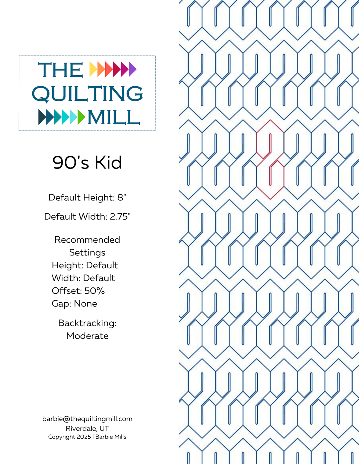 90's Kid retro geometric pantograph info sheet with file formats and specifications for digital pantographs and longarm quilting machines