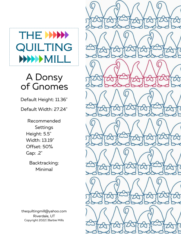 A Donsy of Gnomes digital Christmas quilting pattern info sheet with file formats and specifications for digital pantographs and longarm quilting machines