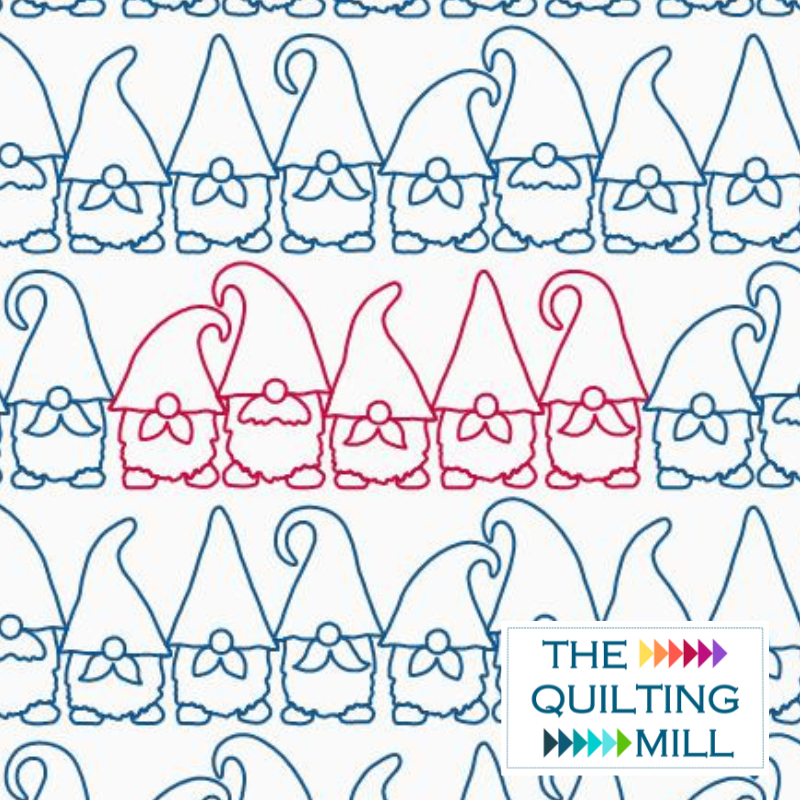 A Donsy of Gnomes digital Christmas quilting pattern product image showing rows of adorable curly-hatted gnomes in a whimsical holiday edge-to-edge longarm quilting design