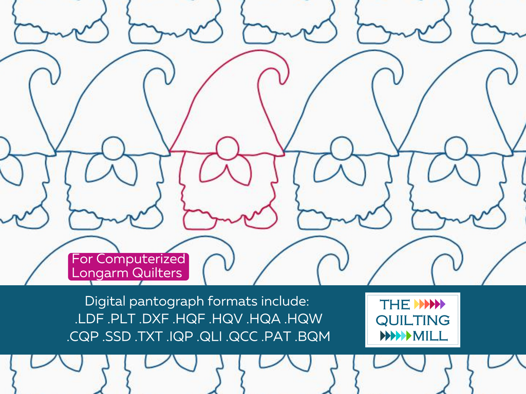 A Donsy of Gnomes digital Christmas quilting pattern full design view with The Quilting Mill logo – whimsical gnome rows in a playful holiday longarm pantograph pattern
