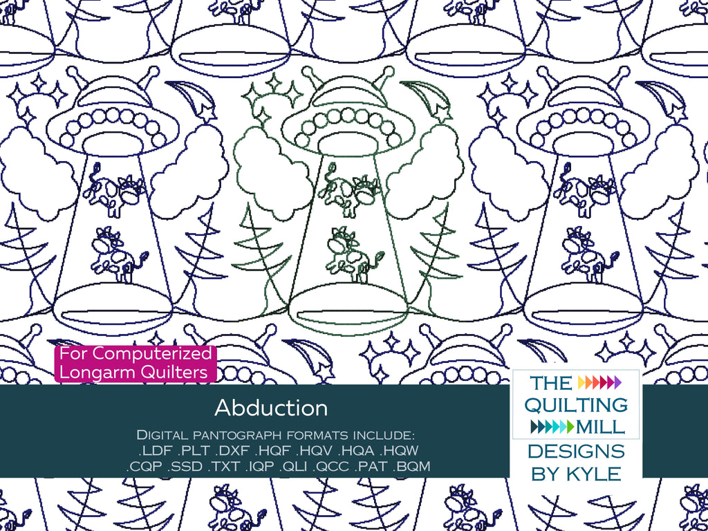 Abduction funny UFO quilting pantograph product image with The Quilting Mill logo, showing flying saucers abducting cows