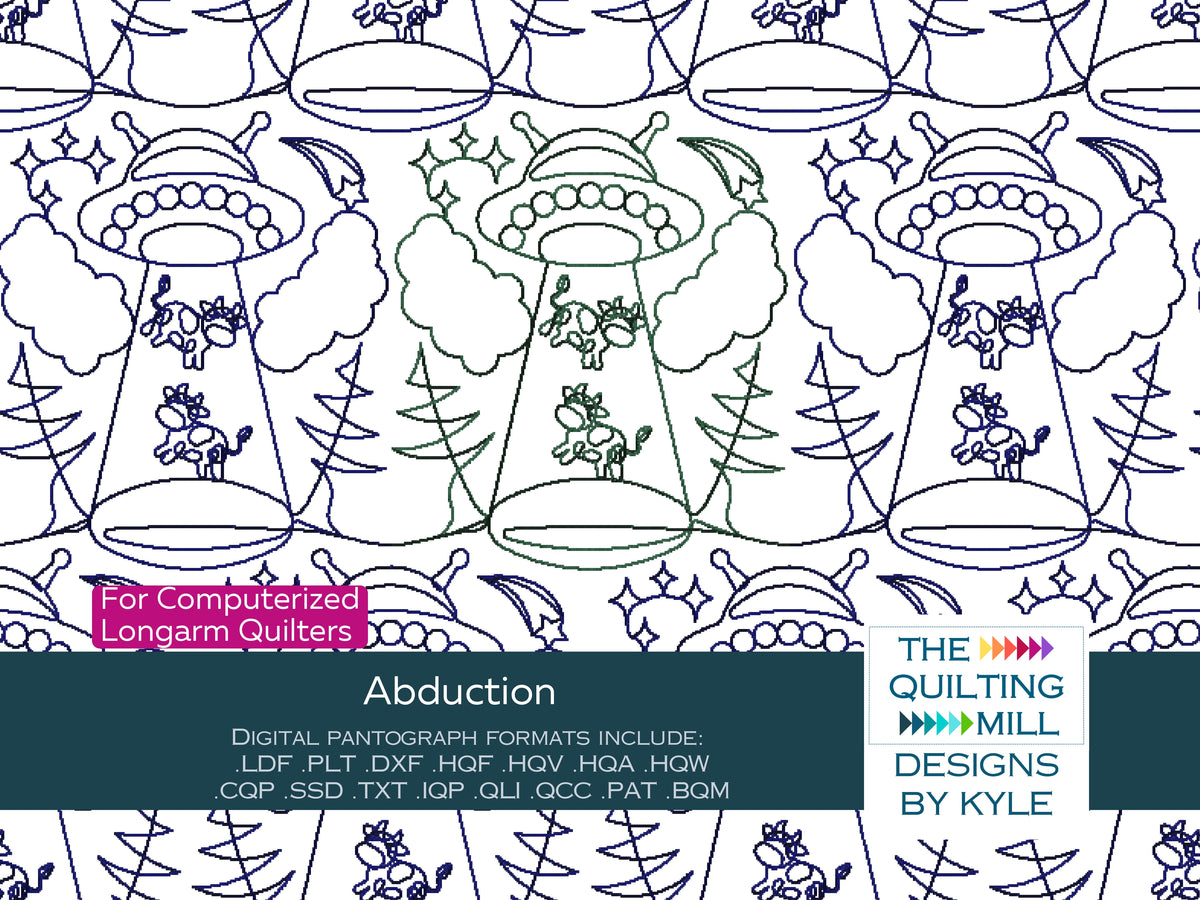 Abduction funny UFO quilting pantograph product image with The Quilting Mill logo, showing flying saucers abducting cows