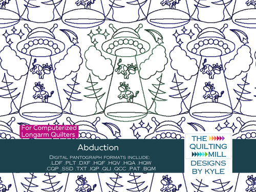 Abduction funny UFO quilting pantograph product image with The Quilting Mill logo, showing flying saucers abducting cows