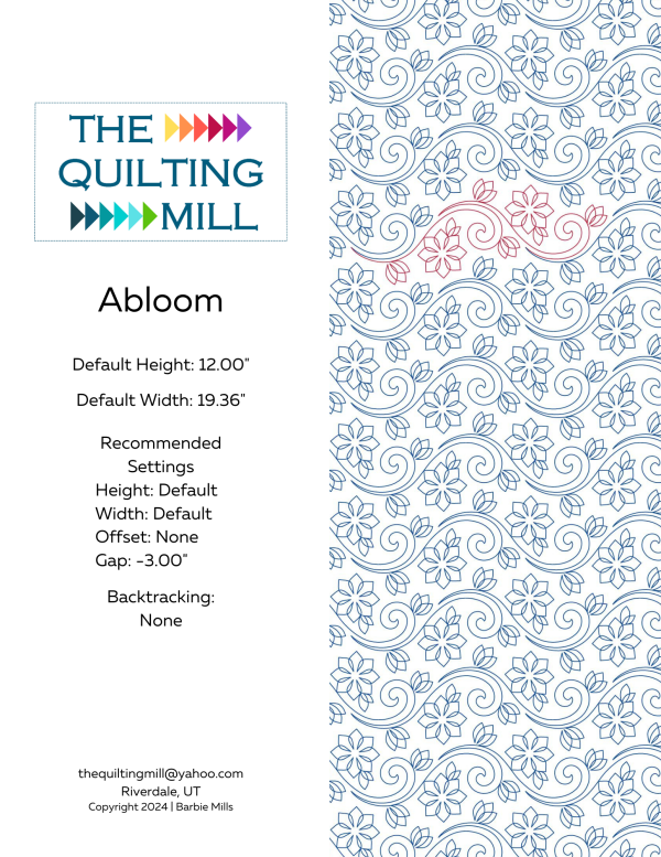 Abloom floral swirl pantograph design info sheet with file formats and specifications for digital pantographs and longarm quilting machines