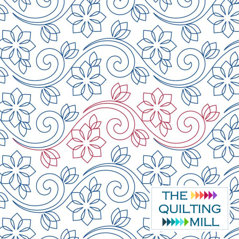 Abloom floral swirl pantograph design product image showing graceful flower shapes and flowing swirling lines in a romantic botanical edge-to-edge longarm quilting pattern