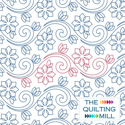 Abloom floral swirl pantograph design product image showing graceful flower shapes and flowing swirling lines in a romantic botanical edge-to-edge longarm quilting pattern
