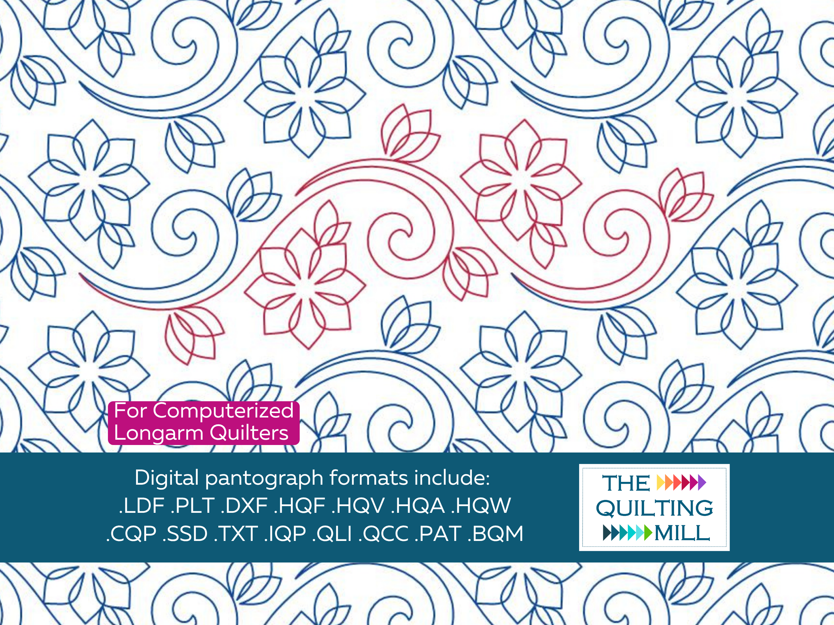 Abloom floral swirl pantograph design info sheet with file formats and specifications for digital pantographs and longarm quilting machines
