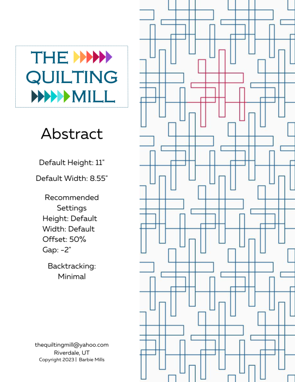 Abstract modern geometric pantograph pattern info sheet with file formats and specifications for digital pantographs and longarm quilting machines