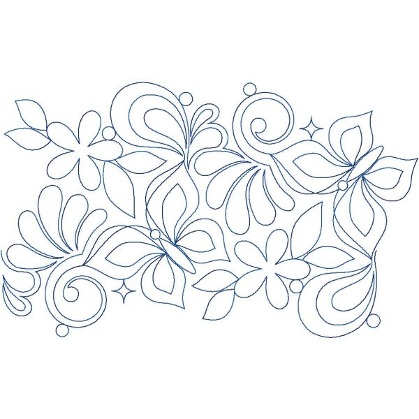 Close-up of Abundance butterfly quilting pantograph showing graceful butterfly wings, floral motifs, and feather swirl detail