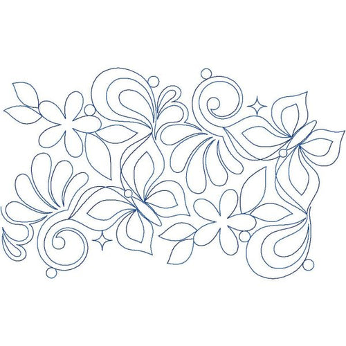 Close-up of Abundance butterfly quilting pantograph showing graceful butterfly wings, floral motifs, and feather swirl detail