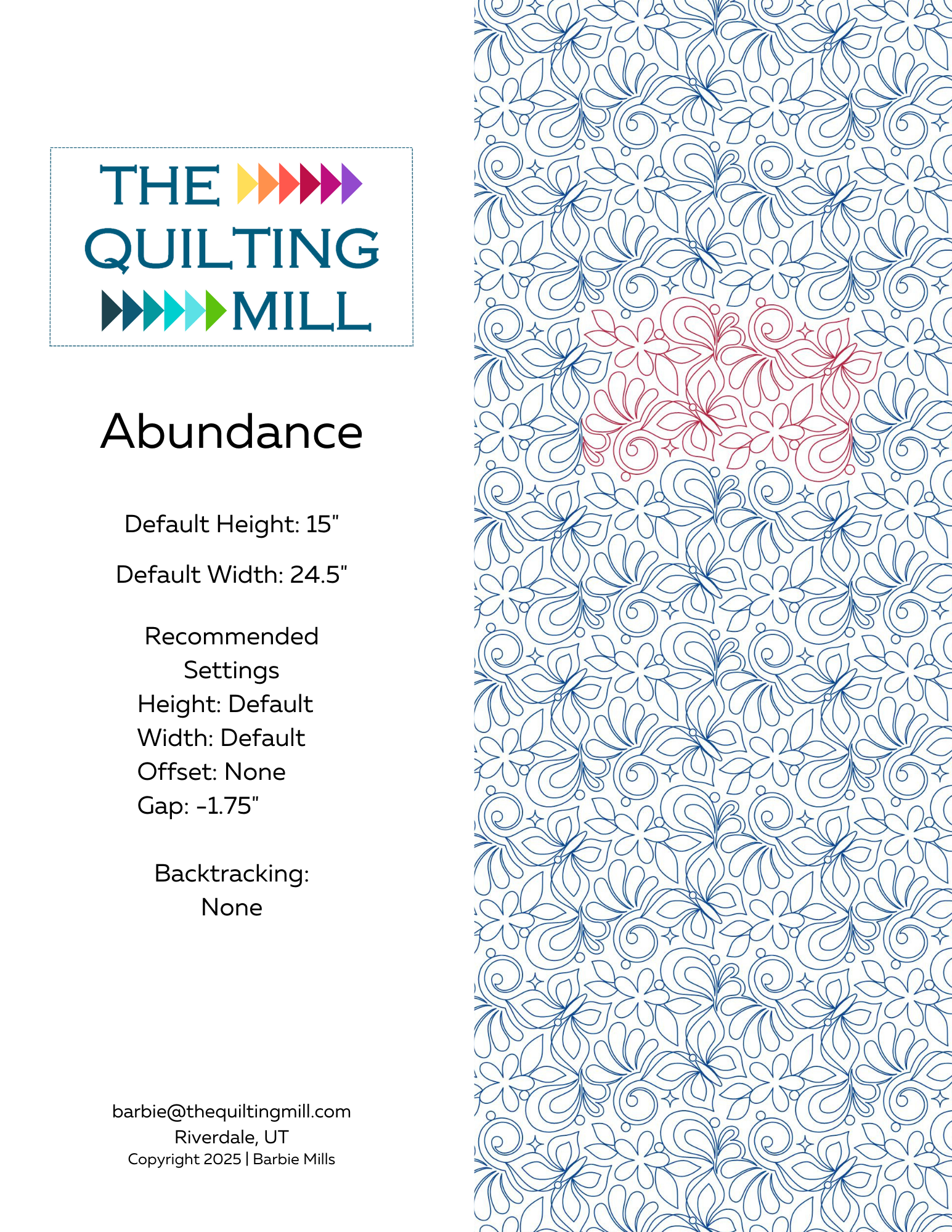 Abundance butterfly quilt pattern info sheet – specs and settings for digital pantographs for longarm quilting machines