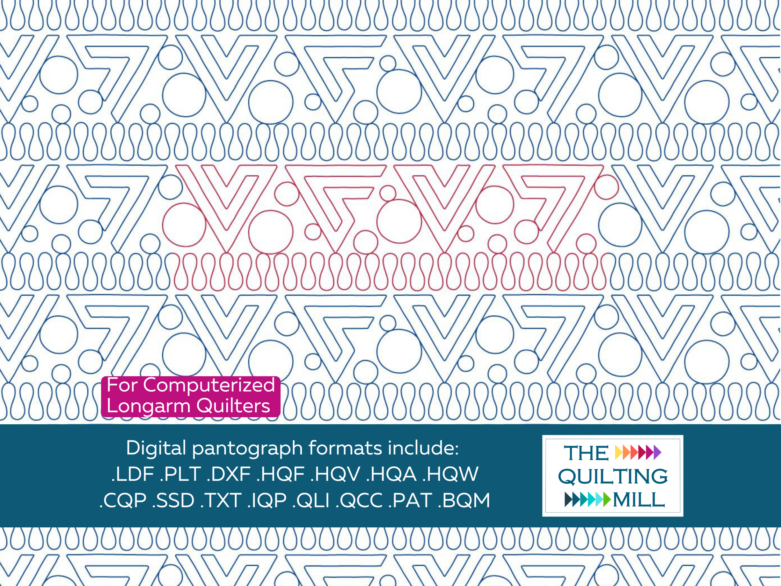 Accra Block Print geometric quilting pantograph full design view with The Quilting Mill logo – bold Ghanaian-inspired interlocking geometric shapes in an edge-to-edge longarm pantograph