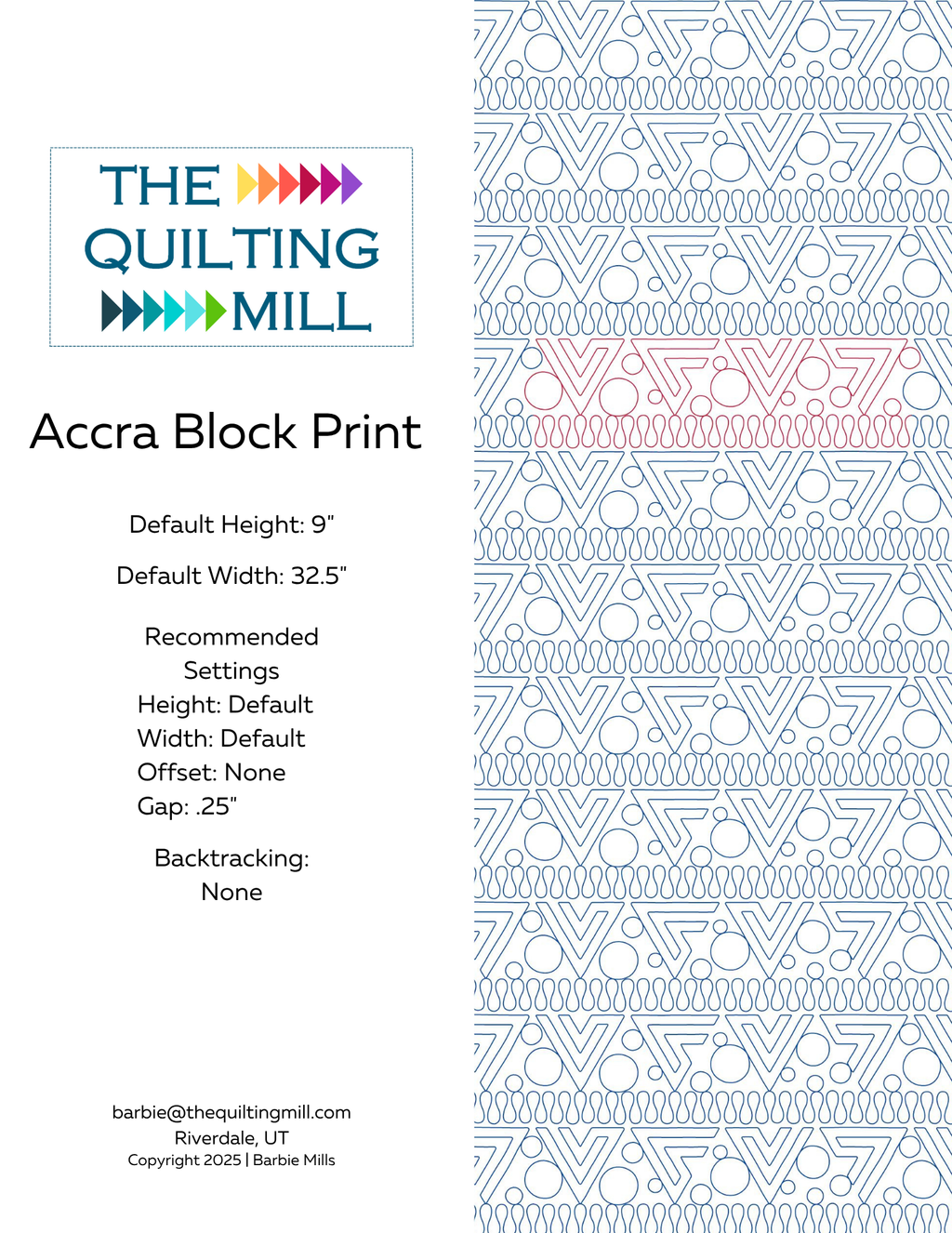 Accra Block Print geometric quilting pantograph info sheet with file formats and specifications for digital pantographs and longarm quilting machines