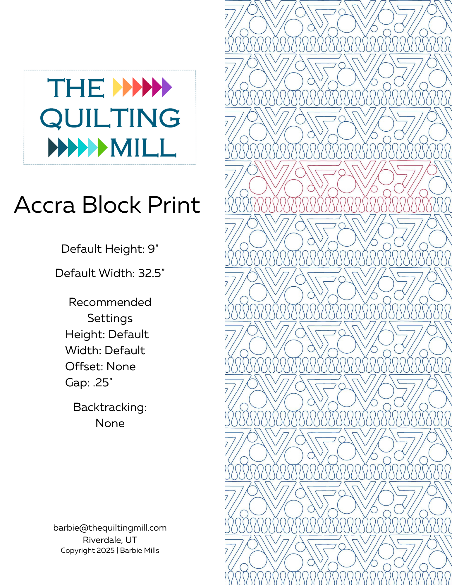 Accra Block Print geometric quilting pantograph info sheet with file formats and specifications for digital pantographs and longarm quilting machines