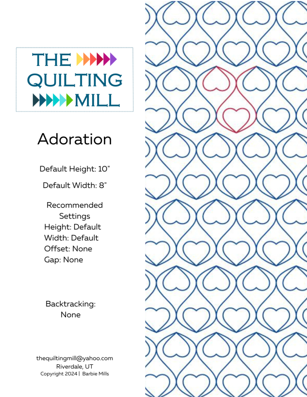 Adoration Valentine pantograph pattern info sheet with file formats and specifications for digital pantographs and longarm quilting machines