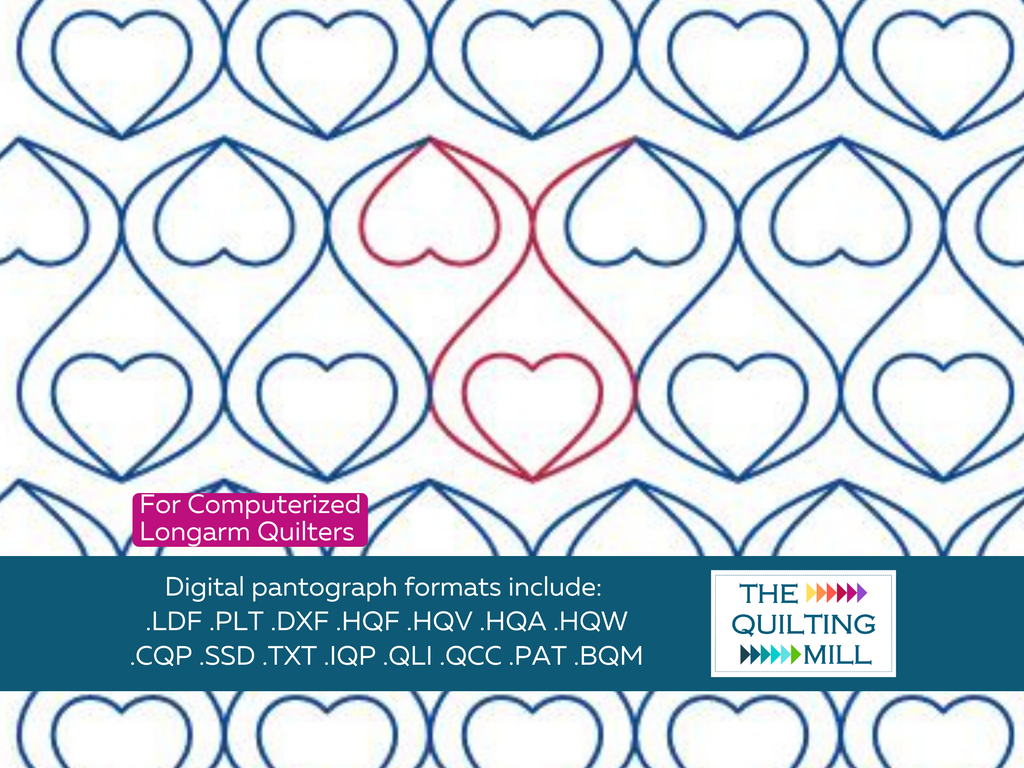 Adoration Valentine pantograph pattern full design view with The Quilting Mill logo – smooth flowing hearts in a romantic seamless edge-to-edge longarm quilting design