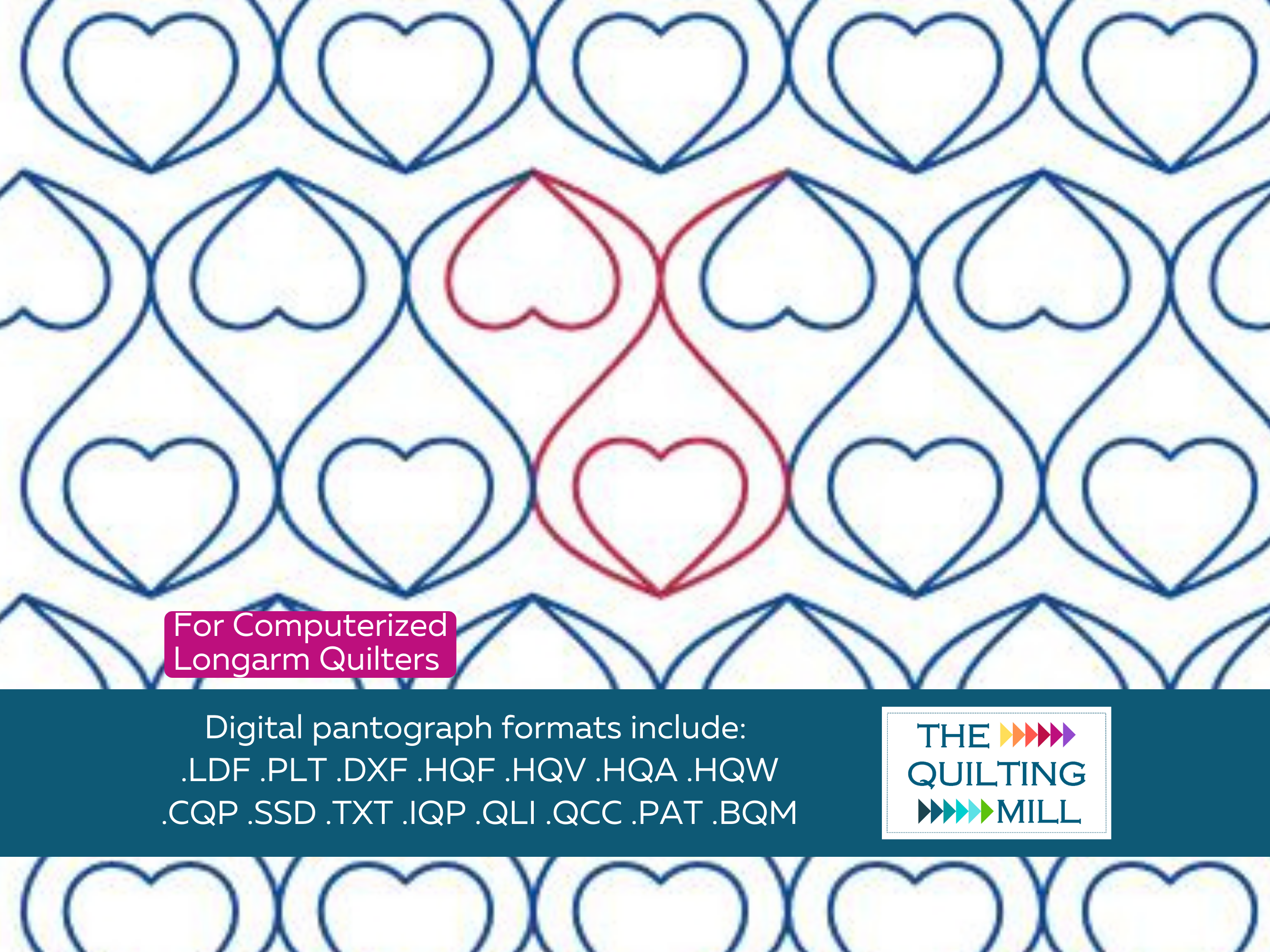 Adoration Valentine pantograph pattern full design view with The Quilting Mill logo – smooth flowing hearts in a romantic seamless edge-to-edge longarm quilting design
