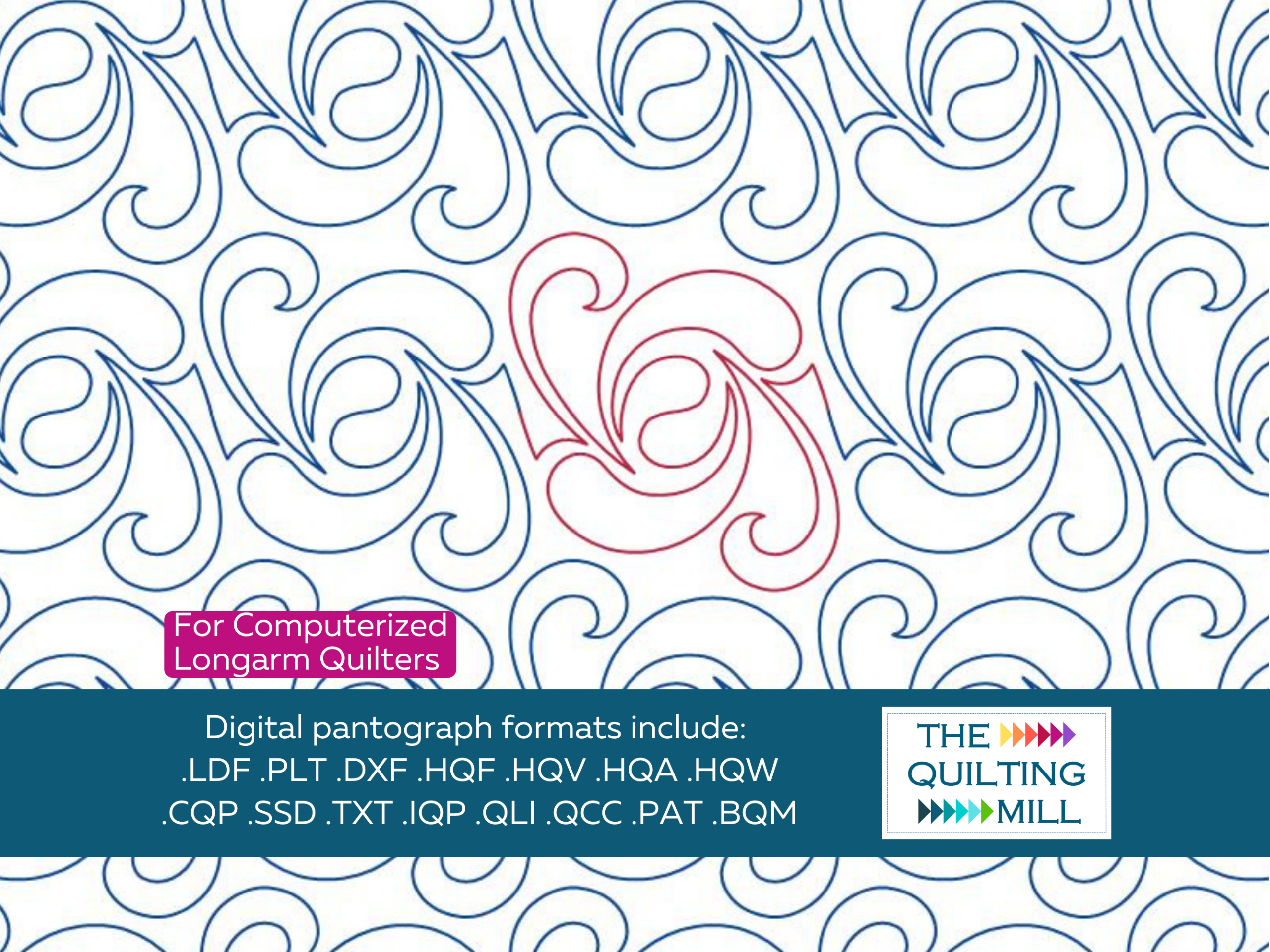 Allegro swirl quilting pantograph full design view with The Quilting Mill logo – flowing elegant feathered swirl curves in a decorative edge-to-edge longarm quilting pattern