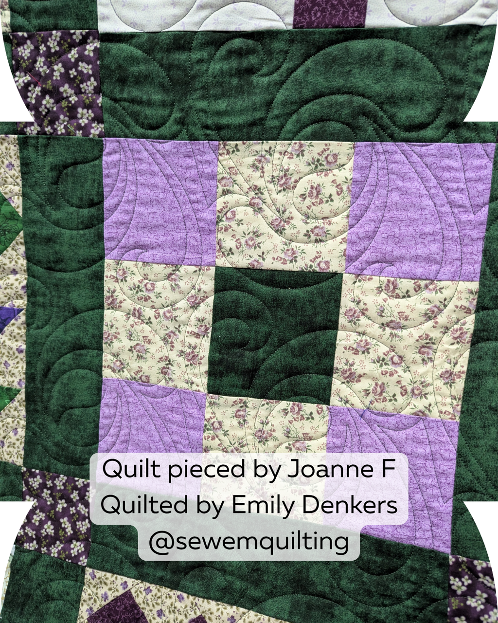 Allegro digital quilting pantograph adding graceful swirl texture to a floral patchwork sampler quilt