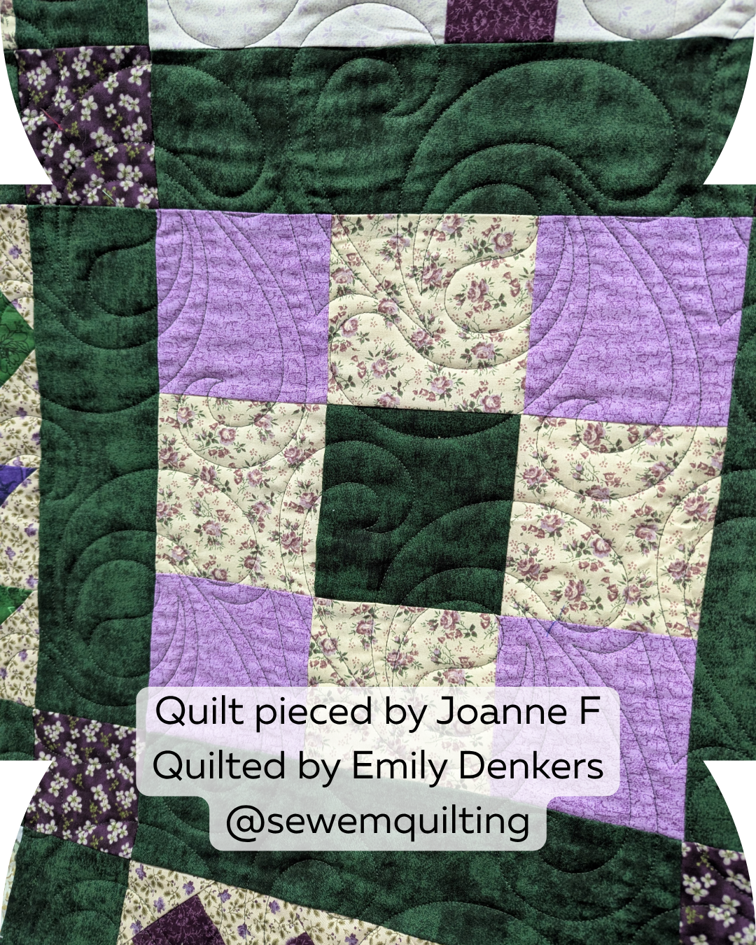 Allegro digital quilting pantograph adding graceful swirl texture to a floral patchwork sampler quilt