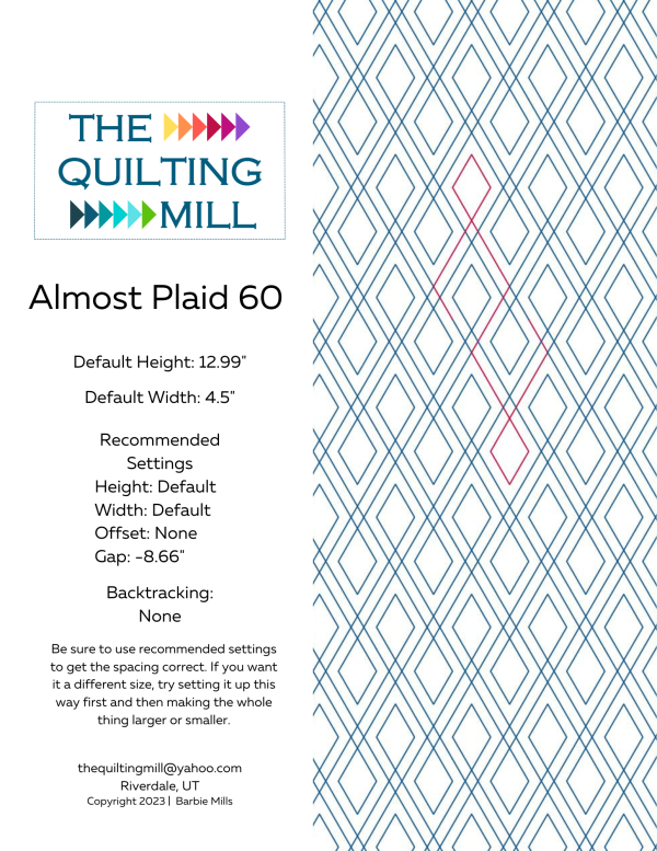 Almost Plaid 60 geometric plaid pantograph info sheet with file formats and specifications for digital pantographs and longarm quilting machines
