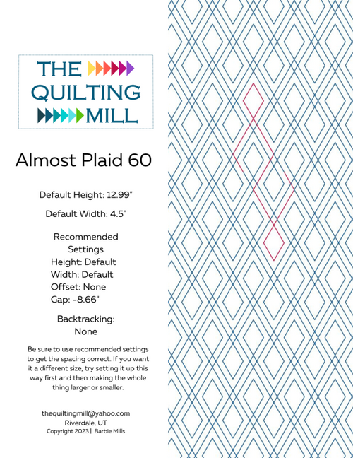 Almost Plaid 60 geometric plaid pantograph info sheet with file formats and specifications for digital pantographs and longarm quilting machines