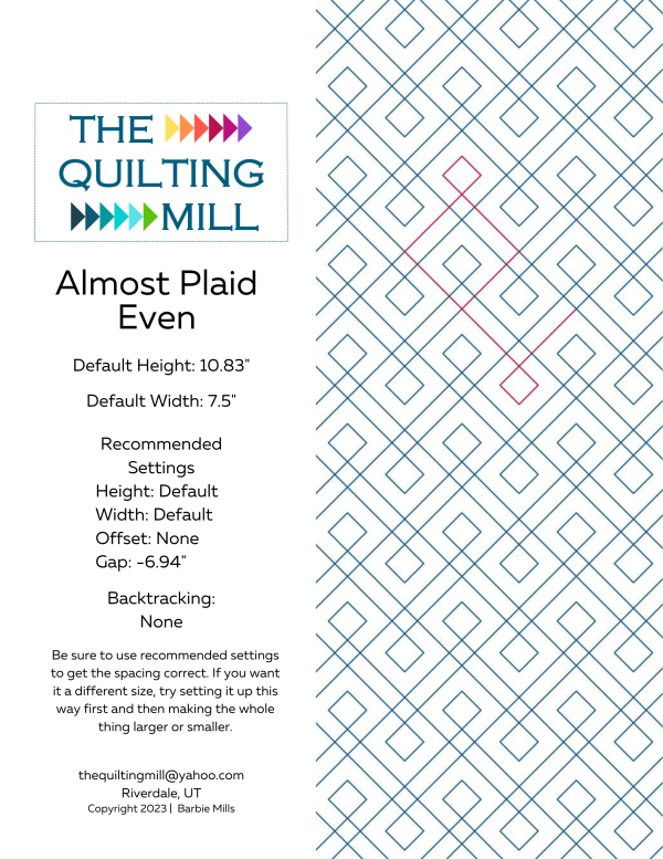 Almost Plaid Even digital quilt pattern product info sheet with specifications for digital pantograph longarm quilting machines
