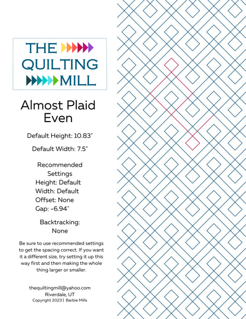 Almost Plaid Even digital quilt pattern product info sheet with specifications for digital pantograph longarm quilting machines