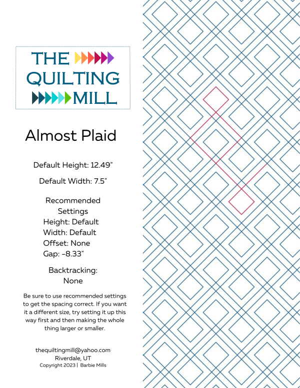 Almost Plaid digital pantograph info sheet – specs and settings for digital pantographs for longarm quilting machines