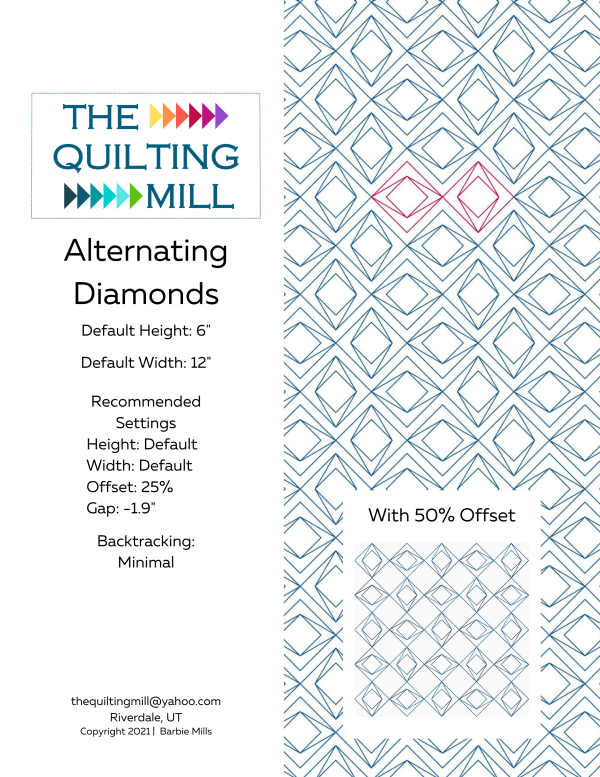 Alternating Diamonds modern longarm design info sheet with file formats and specifications for digital pantographs and longarm quilting machines