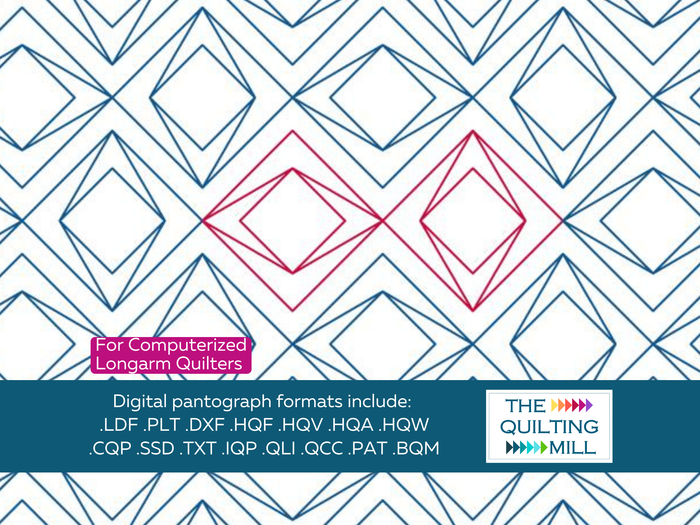Alternating Diamonds modern longarm design full view with The Quilting Mill logo – bold alternating angular diamonds in a crisp geometric edge-to-edge longarm pantograph pattern