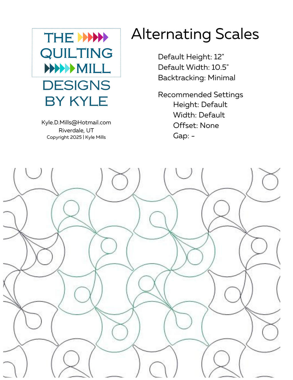 Alternating Scales pantograph info sheet showing default height, width, offset, and backtracking specifications