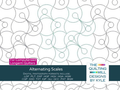 Alternating Scales clamshell quilting pantograph pattern with alternating scallop and circle rows for longarm quilting