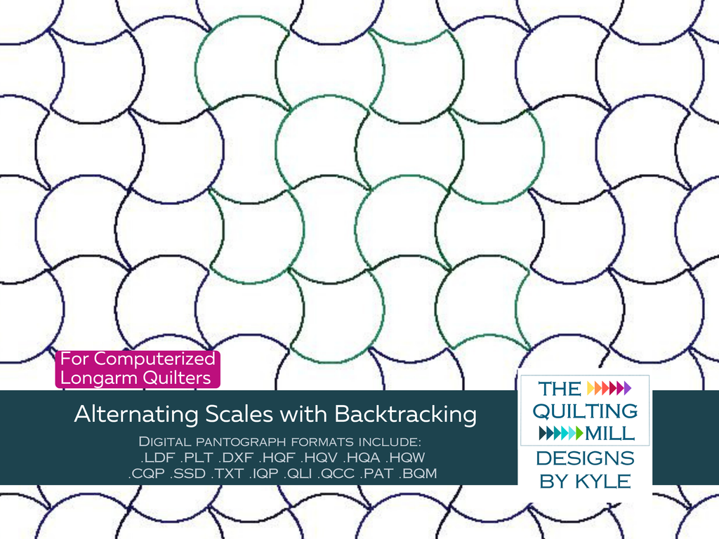 Alternating Scales with Backtracking digital quilting pantograph pattern showing overlapping circle scale rows for longarm quilting