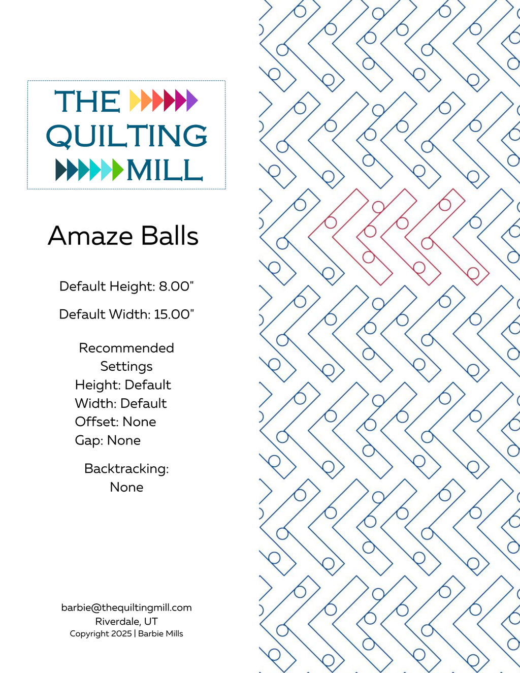 AmazeBalls zigzag pantograph pattern info sheet with file formats and specifications for digital pantographs and longarm quilting machines