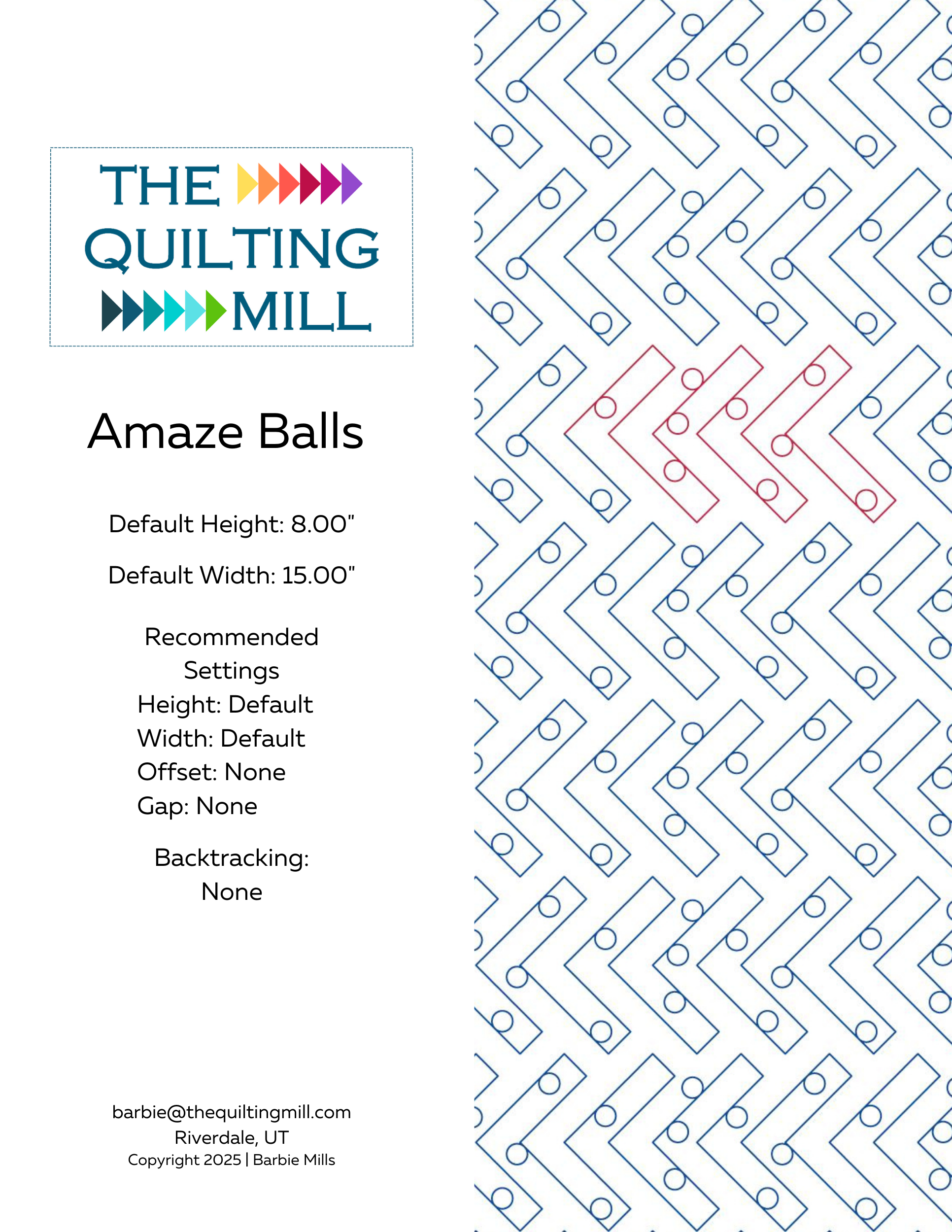 AmazeBalls zigzag pantograph pattern info sheet with file formats and specifications for digital pantographs and longarm quilting machines