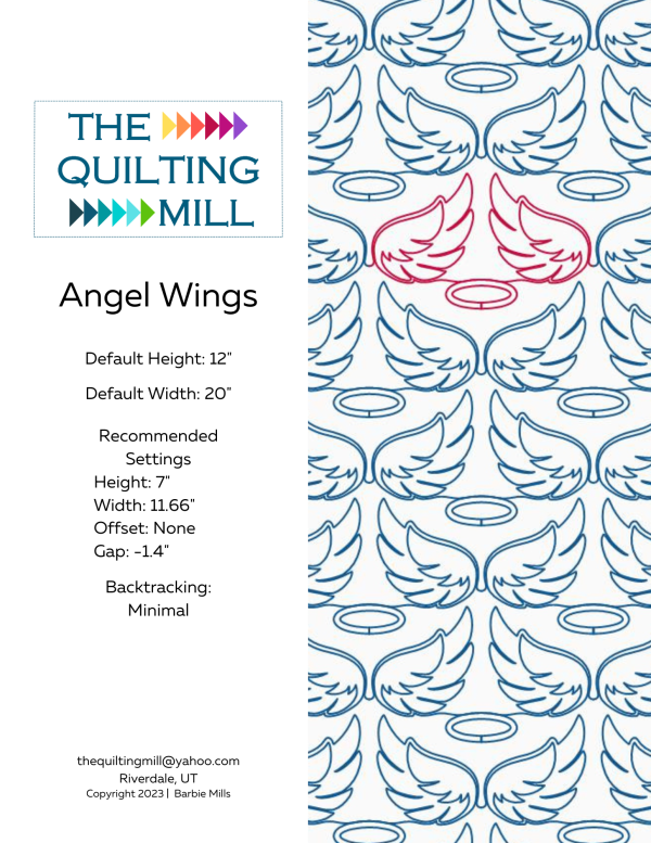 Angel Wings pantograph pattern product info sheet showing file formats, dimensions, and quilting specs