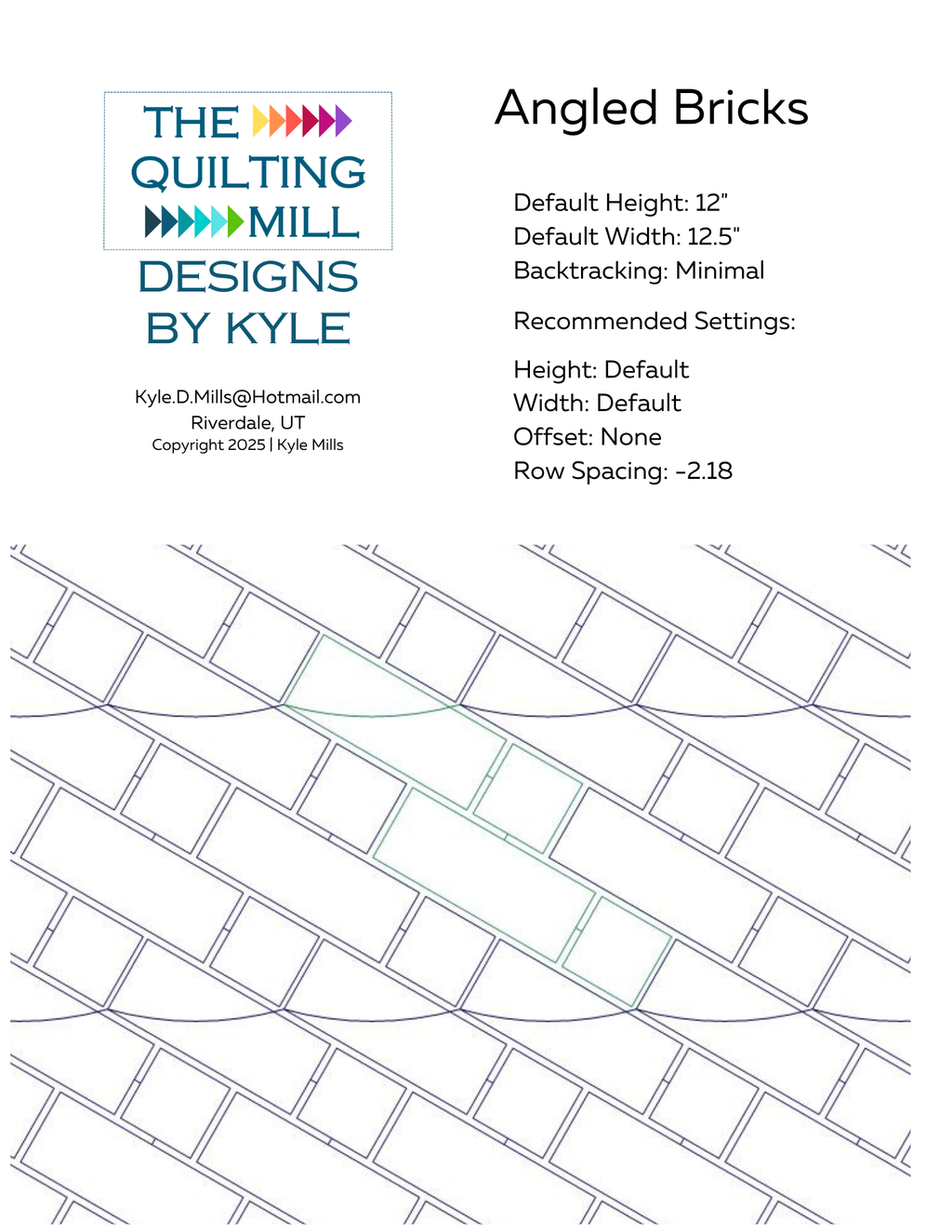 Angled Bricks pantograph info sheet showing default height, width, and minimal backtracking specifications