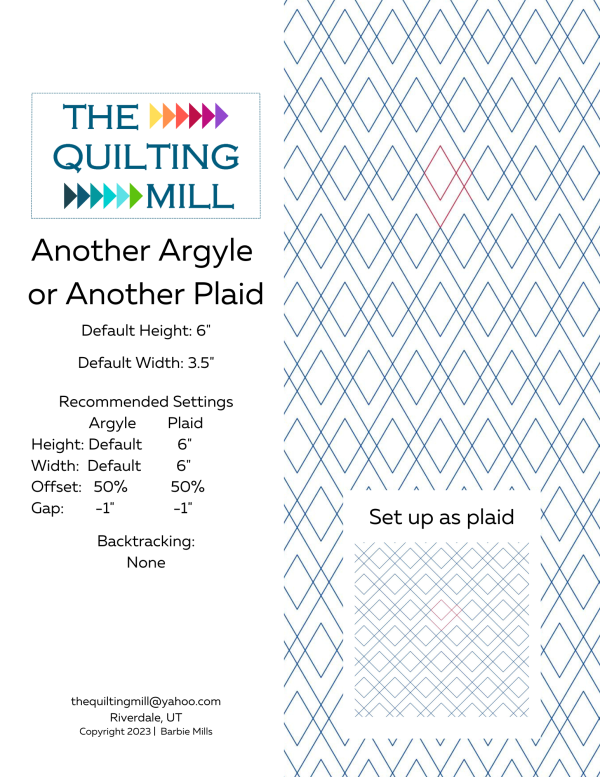 Another Argyle or Another Plaid product info sheet with settings for argyle and plaid modes — a digital longarm quilting pattern for all major machines