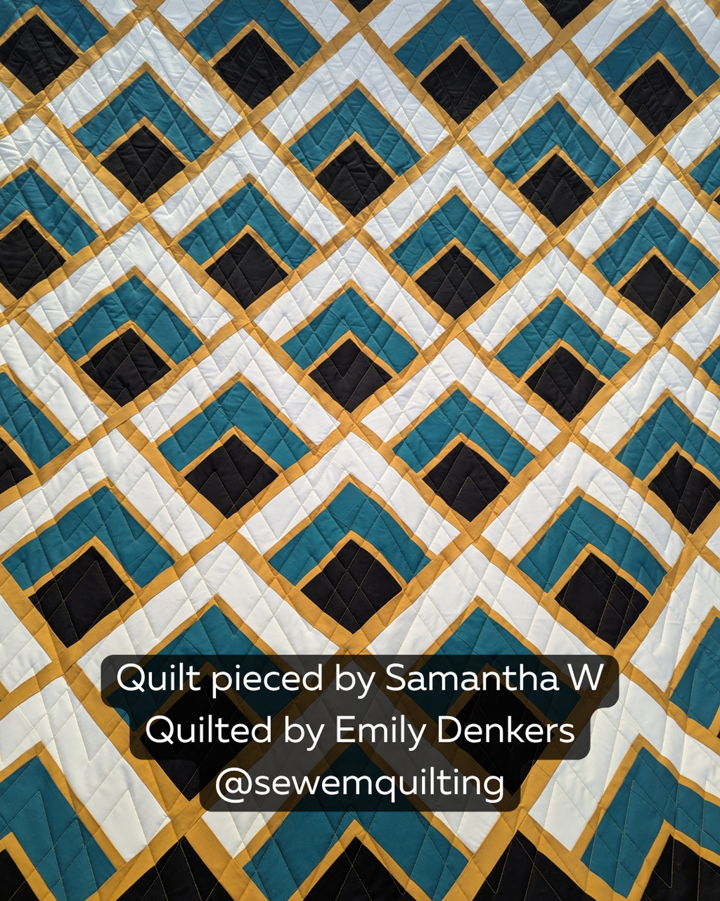 Another Argyle digital longarm quilting pattern stitched across a modern geometric quilt with teal, black, white, and gold diamond designs.