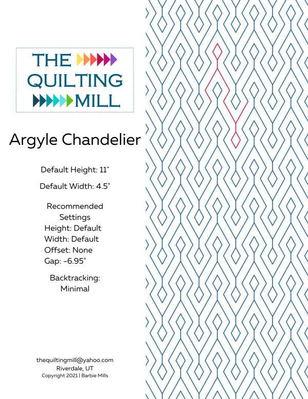 Argyle Chandelier diamond pantograph product info sheet with specifications for digital pantograph longarm quilting machines
