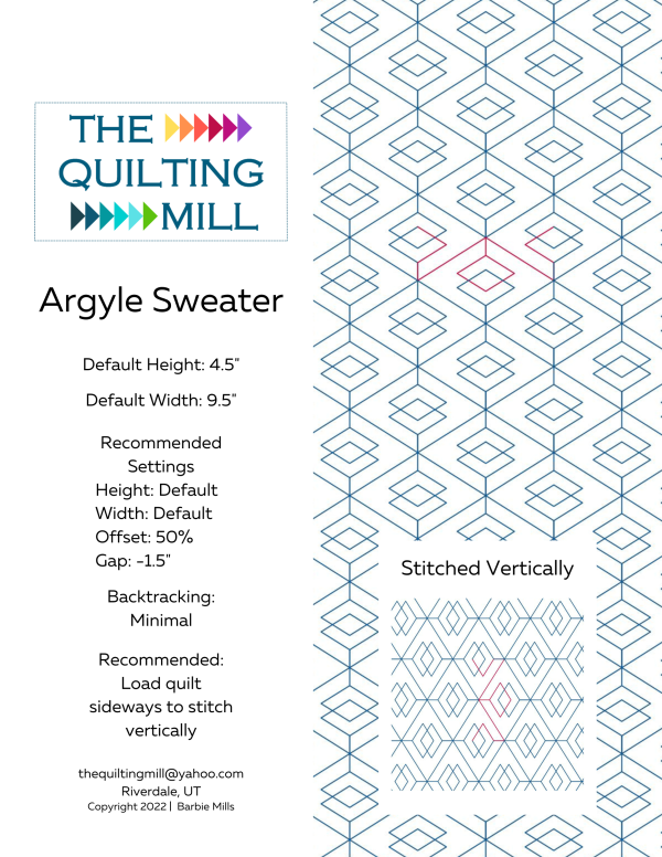 Argyle Sweater quilting pattern for longarm product info sheet with machine settings for this digital pantograph quilt pattern and longarm pantograph design