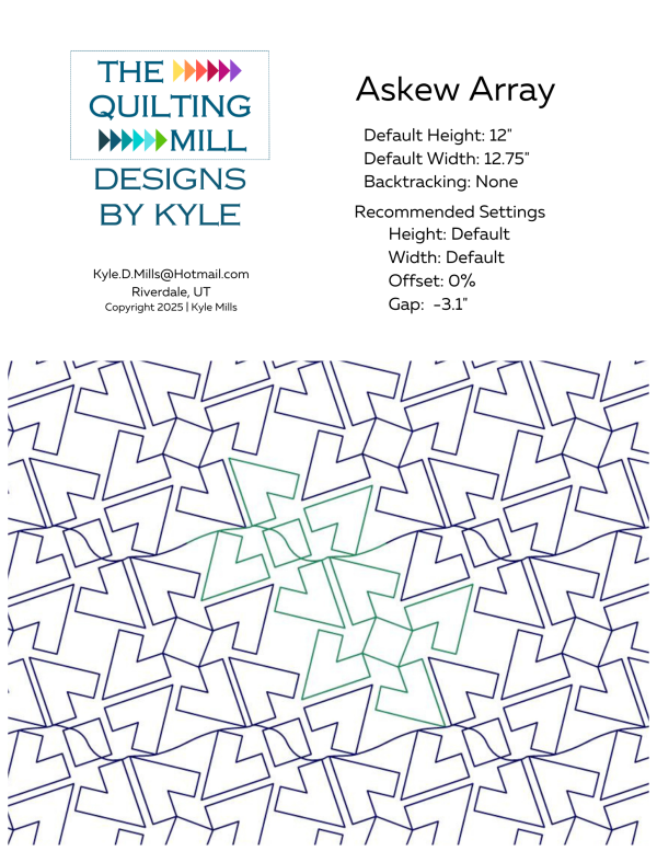 Askew Array digital pantograph design product info sheet with specifications — a bold geometric digital pantograph quilt pattern for longarm quilting machines