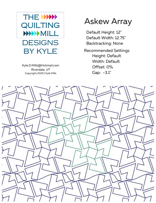 Askew Array digital pantograph design product info sheet with specifications — a bold geometric digital pantograph quilt pattern for longarm quilting machines