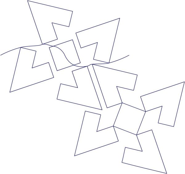 Close-up of Askew Array digital pantograph design showing sharp angular geometry and edgy abstract quilting texture for modern longarm quilting
