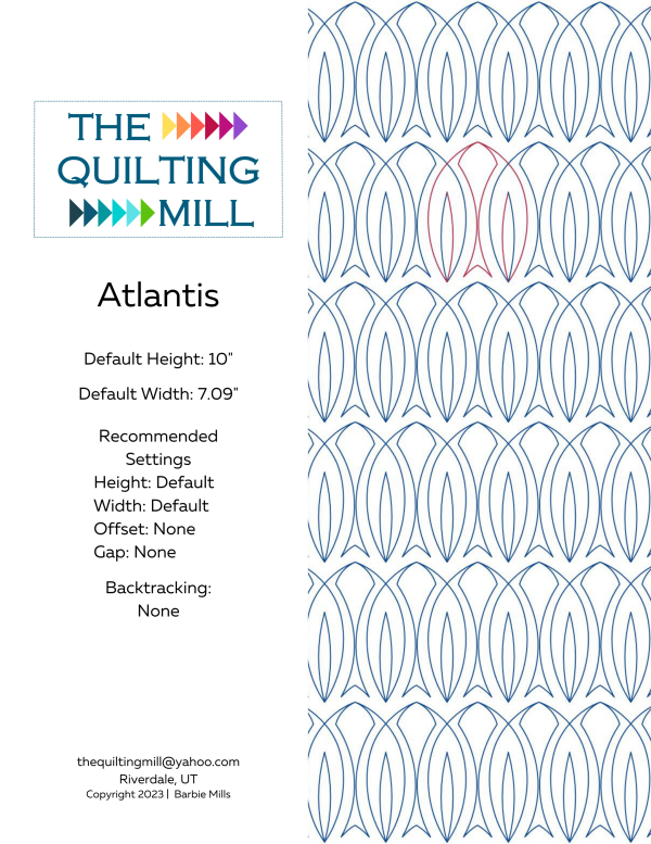 Atlantis digital quilting pattern product info sheet with machine settings for this flowing nautical digital pantograph quilt pattern for longarm quilting